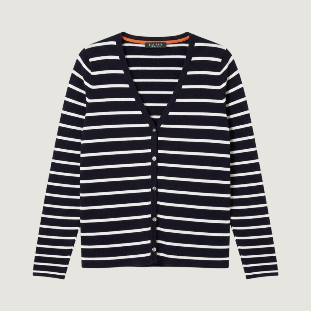 Lauren Ralph Lauren Petite PM Navy White Striped Ribbed V-Neck Cardigan Sweater